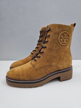 Tory Burch Miller 50mm Lug Sole Bootie Womens 9.5 Tan Suede Lace Up Combat NEW
